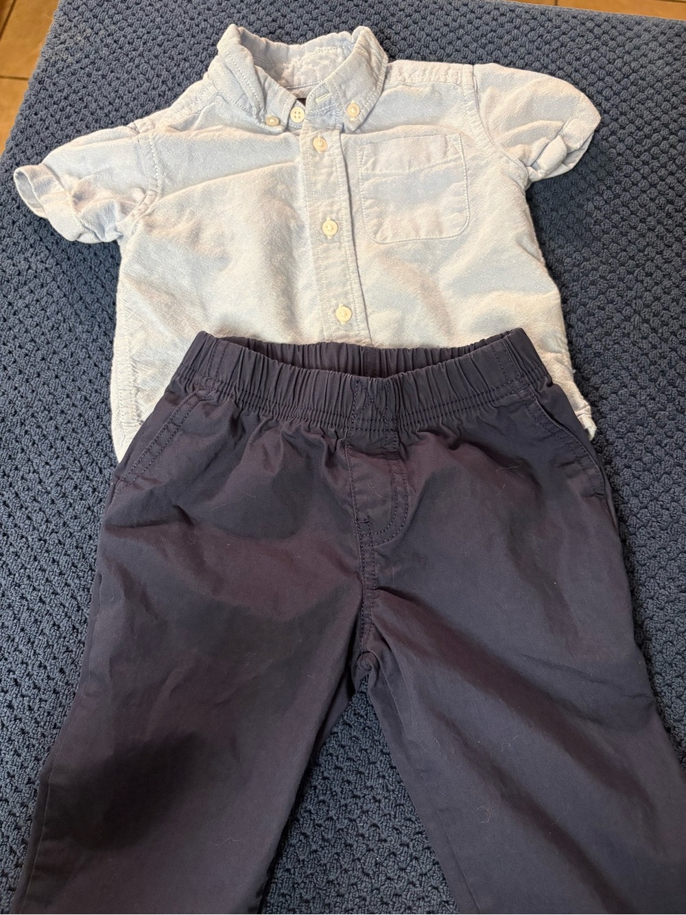 Carter's Dark Blue Elastic Waist kids Pants & Children’s Place Shirt 18-24 MO